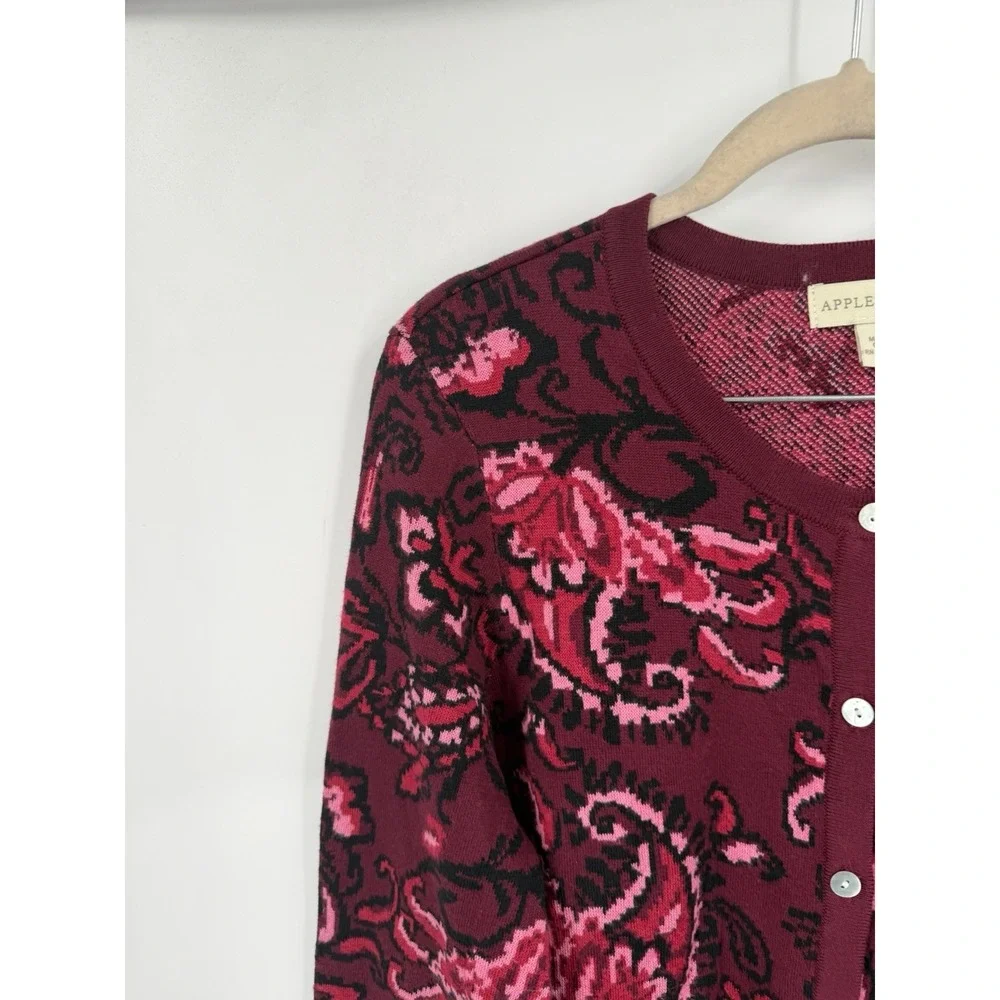 Appleseeds Floral Button Front Sweater Women L Burgundy Whimsigoth Cardigan